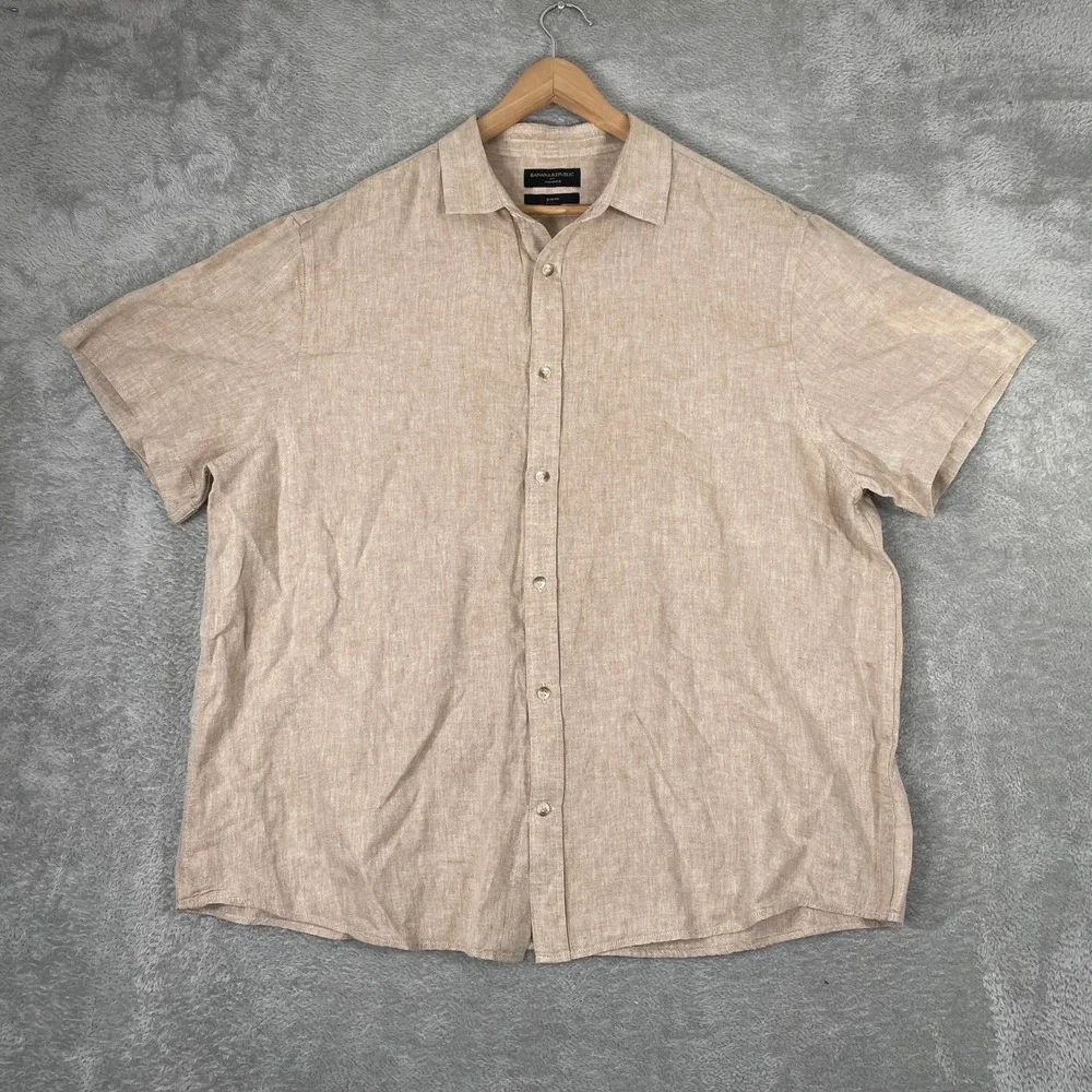 Banana Republic Shirt Mens 2XL Tan Linen Blend Short Sleeve Slim Fit Button Down